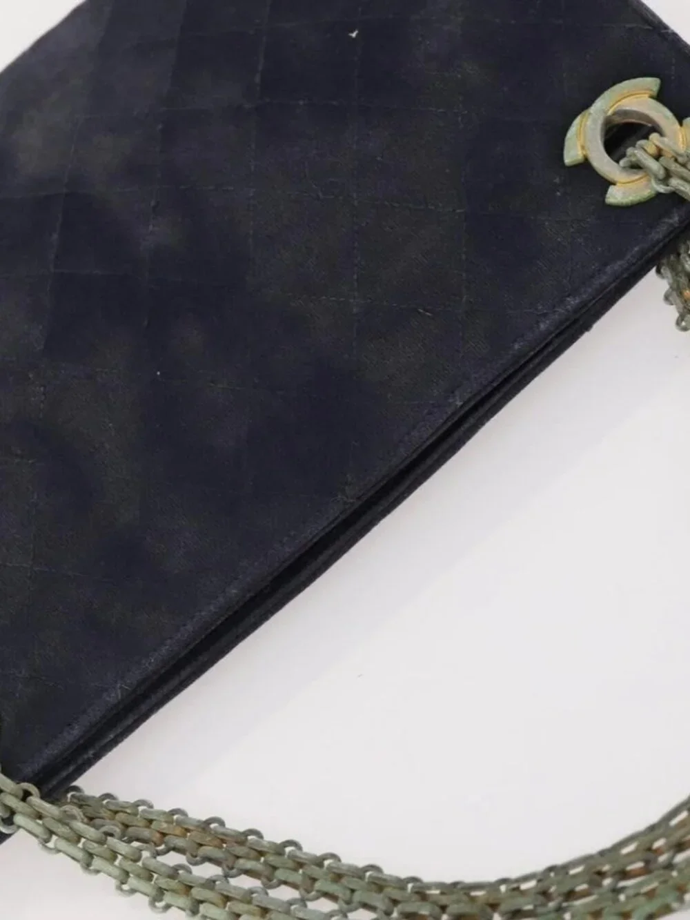 CHANEL Matelasse Chain Hand Bag Cotton Navy Gold CC Auth YKZ061